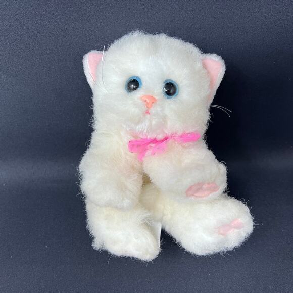 DSI Toys Other - DSI Kitty Kitty Kitten Plush 2000 Purrs White Persian Cat Blue Eyes Pink Bow‎